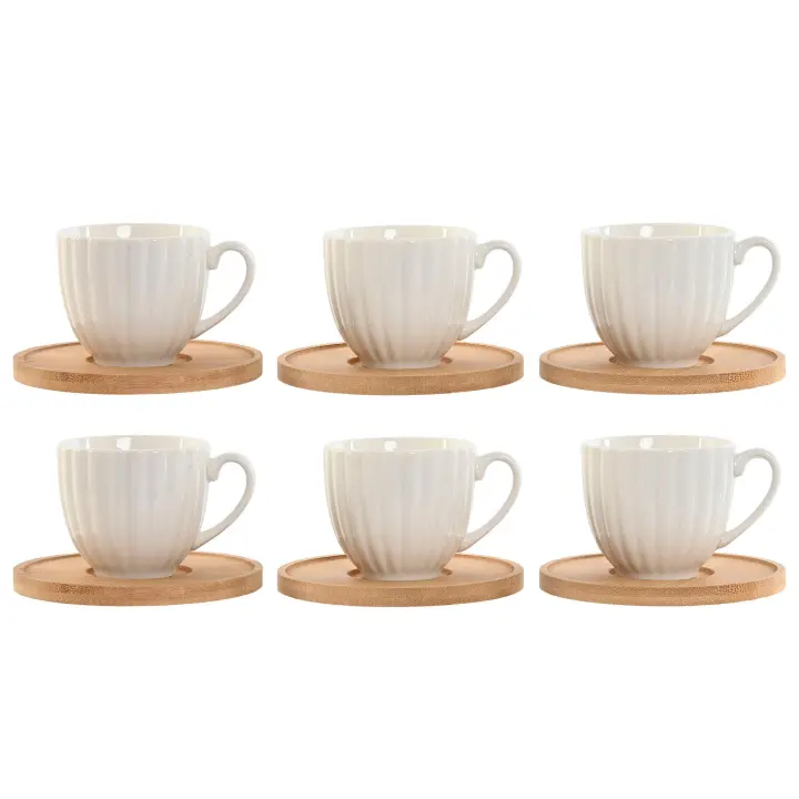 LILI HOME Set de 6 Tazas de Porcelana con Plato de Bambú – Elegancia y Sencillez. Capacidad de las Tazas: 90 ml: Ideal para espresso. 220 ml: Ideal para café americano. Viene en una caja cuidadosamente diseñada, lo que lo conviert - 1