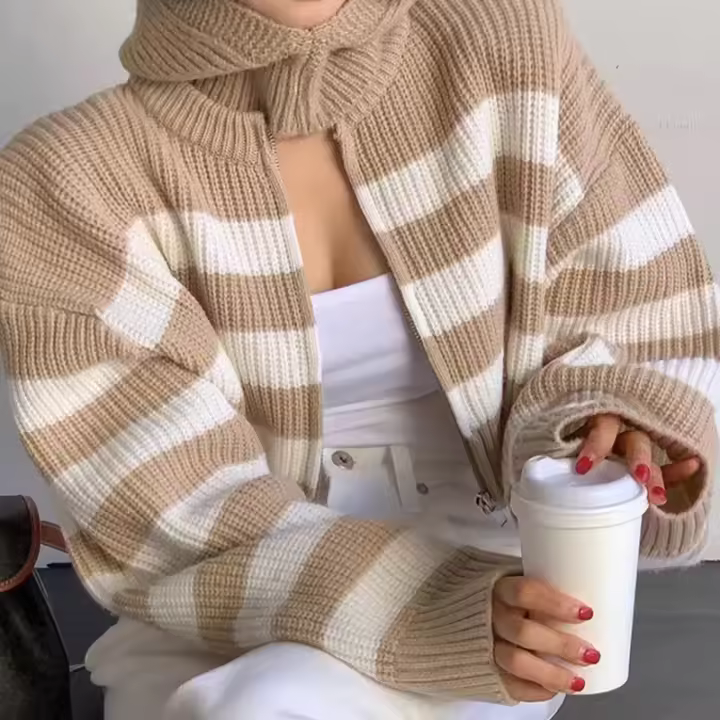 HELIAR Chaqueta De Cariñosa Para Mujer Con Rayas Y Cierre De Cremallera Estilo Casual Corta De O-Neck Ajuste Suave Para Otoño E Invierno - 1