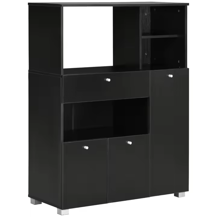 HOMCOM Mueble Auxiliar de Cocina Mueble para Microondas Aparador de Cocina con Cajón Estantes 3 Puertas 3 Compartimientos Diseño Anti-vuelco para Comedor 90x40x120 cm Negro - 1