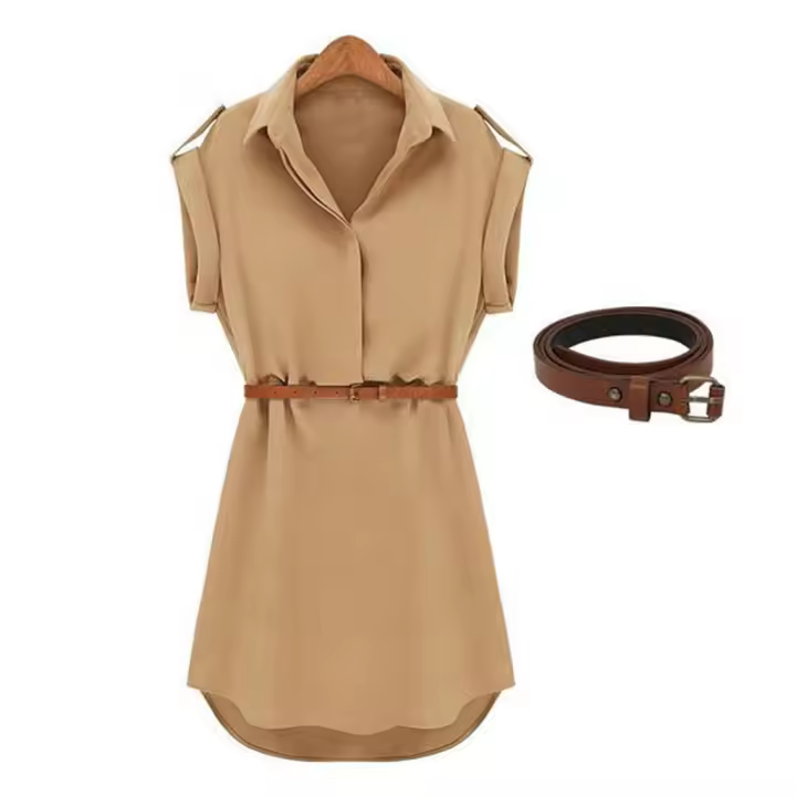 Vestido Largo De Verano Elegante Retro Para Mujer Con Cinturón Y Mangas Cortas Estilo Casual Moda Oficina Color Sólido Ajustado - 1