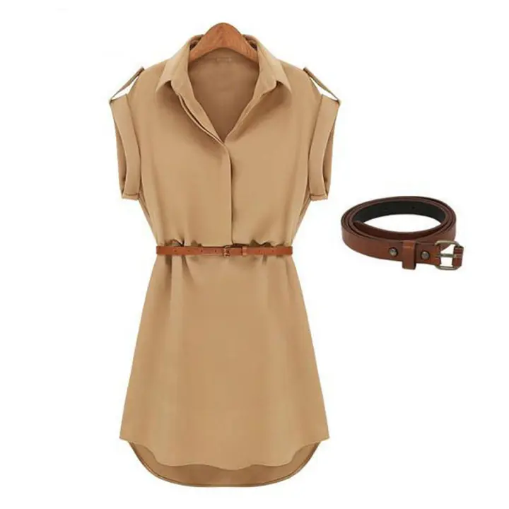 Vestido Largo De Verano Elegante Retro Para Mujer Con Cinturón Y Mangas Cortas Estilo Casual Moda Oficina Color Sólido Ajustado - 1