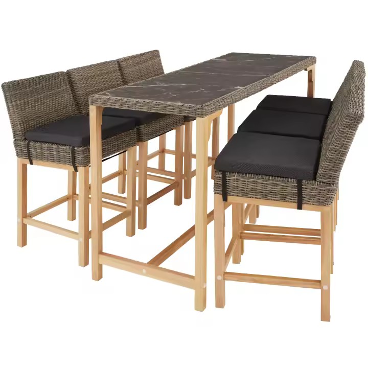 Tectake - Mesa de bar de ratán Lovas con 6 sillas Latina  Elegante conjunto de muebles de bar  Dos tableros extraíbles de porcelanato gres marmolado  Fino trenzado de ratán sintético de calidad con protección UVA - 1
