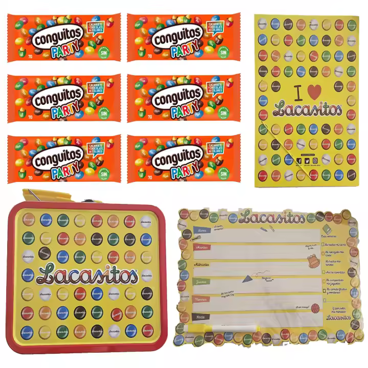 Pack escolar Lacasitos y Conguitos:6 party bolsa 70g,carpeta,planificador magnético,lata maletín - 1