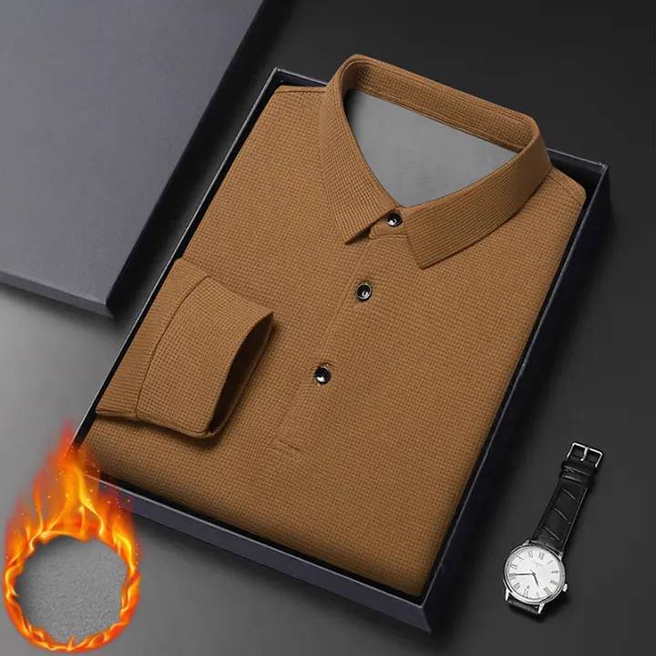 Camisa Polo De Punto De Gasa Para Hombre Thermica De Invierno Manga Larga Casual Con Botones Cuello Redondo Suéter De Peluche Moda Negocios - 1