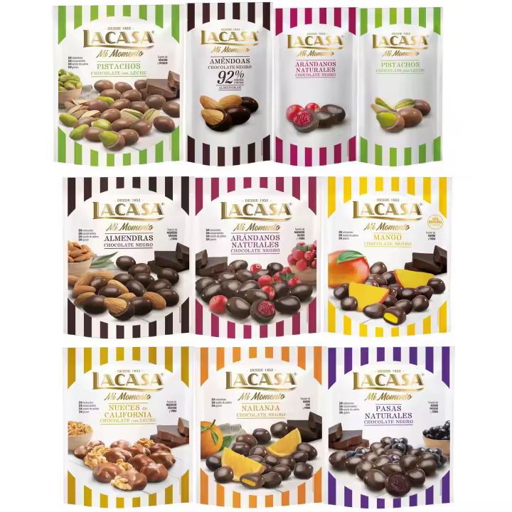 Lacasa Mi Momento pack 10 sabores: almendra , arándano , mango , naranja , pasas , nueces y pistacho recubiertos de chocolate | 1,095kg - 1