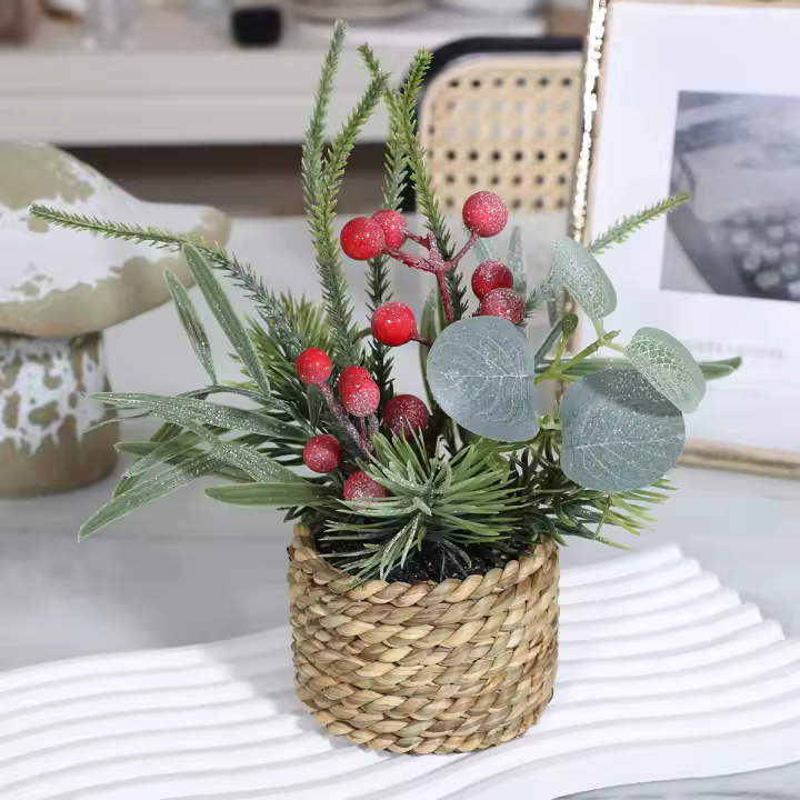 XIYA FLOWER Plantas Artificiales Rojas De Navidad Con Bayas Y Hojas Verdes En Maceta Material PE Decoración Para El Hogar - 1