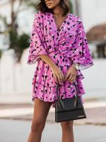 Vestido Estampado De Verano Para Mujer Con Manga Corta Estilo Casual Elegante Con V-Neck Y Mangas Onduladas A-Line Longitud De Rodilla Para Comunicación Y Vacaciones - details 1