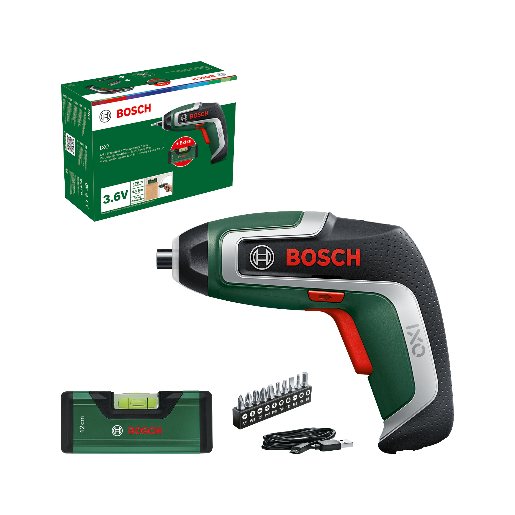 Bosch - Atornillador a Batería - IXO 7 Level Set - 3.6V, con Nivel de Burbuja 12cm,  Set de 10 Puntas y cable micro USB