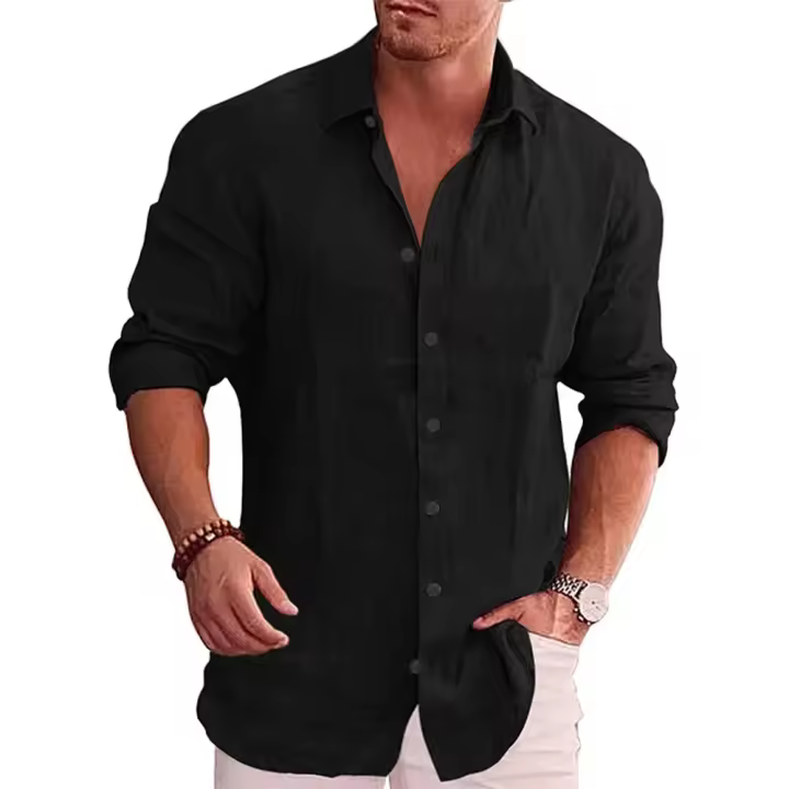 Camisa de manga larga para hombre Talla Grande grande estilo casual de Algodón y Lino color sólido - 1