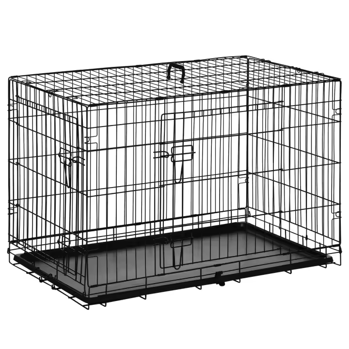 PawHut Transportín de Perro de 2 Puertas Jaula de Alambre para Perros Plegable con Asa Acero 92x57x62,5 cm Negro - 1
