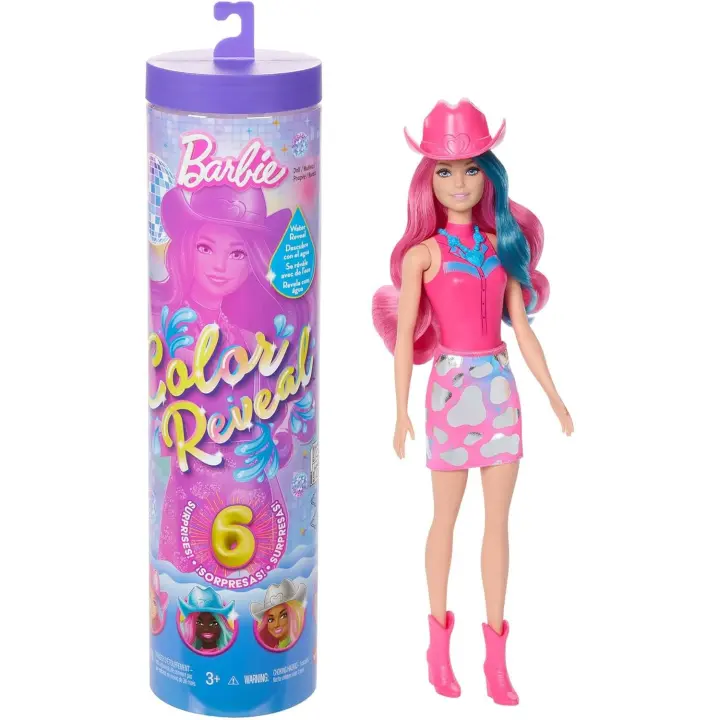Barbie Color Reveal Colección Estrella de la disco Muñeca y accesorios con 6 sorpresas, brillo metálico y corpiño con cambio de color (los estilos pueden variar) (JCP01) - 1