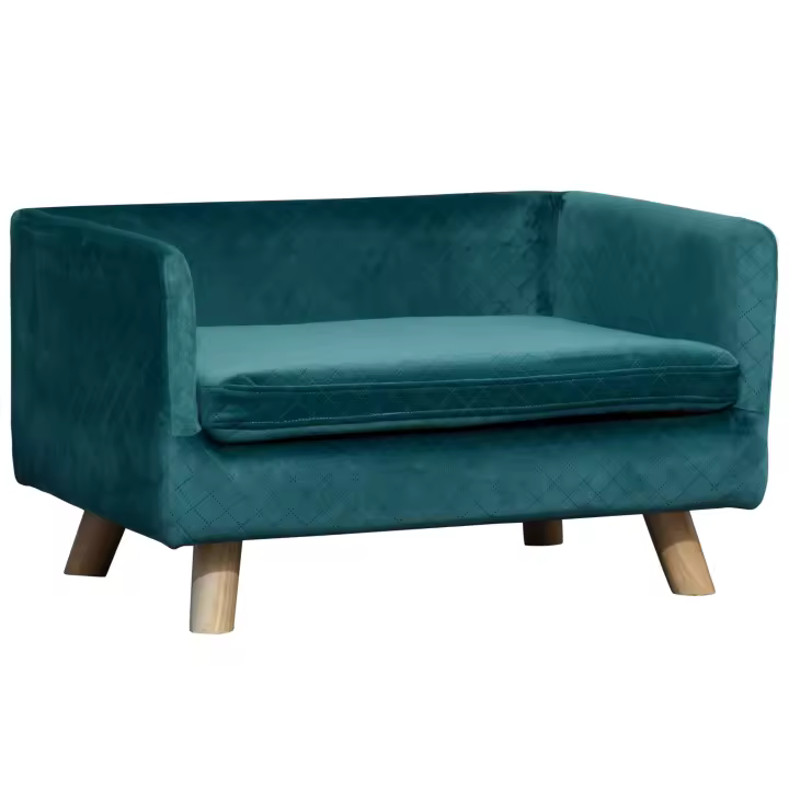 PawHut Sofá cama para perros, diseño escandinavo, cojines suaves, patas de madera maciza, dimensiones 64 x 45 x 36 cm, terciopelo azul pato - 1