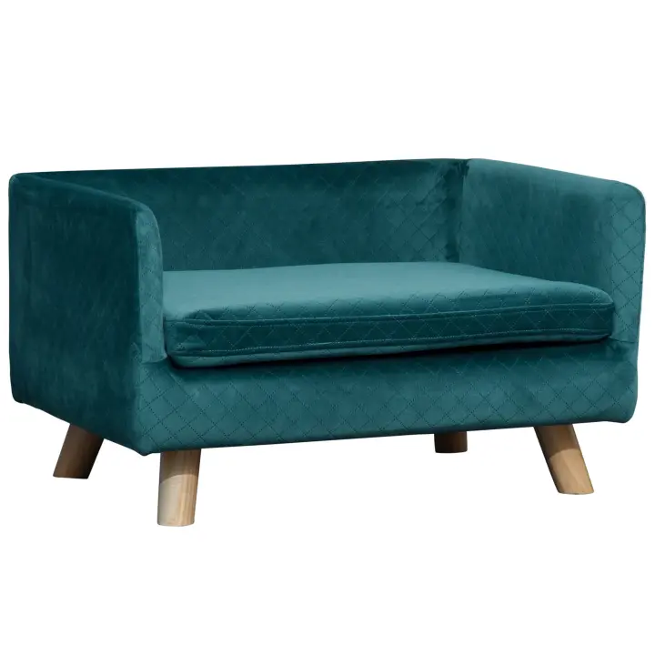 PawHut Sofá cama para perros, diseño escandinavo, cojines suaves, patas de madera maciza, dimensiones 64 x 45 x 36 cm, terciopelo azul pato - 1