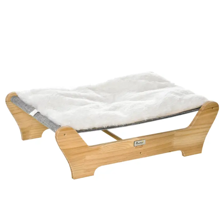 PawHut Cama para Gatos con Estructura Hamaca para Gatos Nido elevado para Gatos con cojín Suave Madera de Pino Natural 68 x 43 x 20 cm - 1