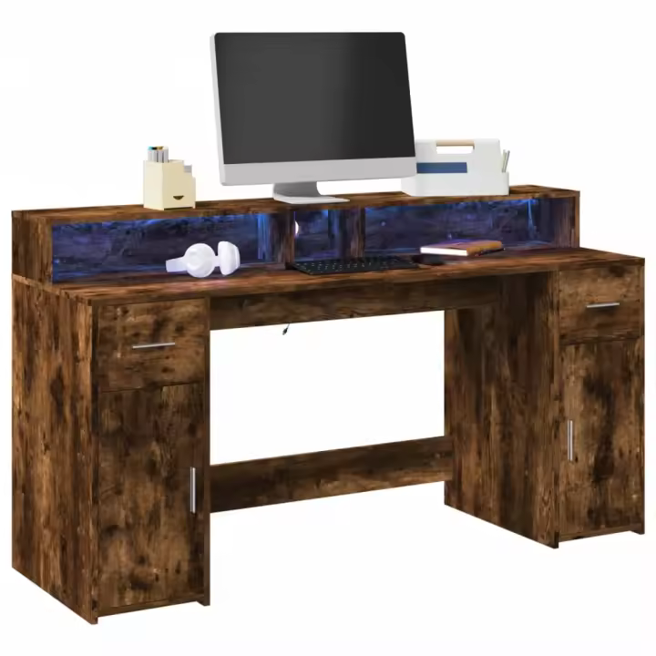 vidaXL Escritorio con LED madera ingeniería 160x55x91 cm en color Roble ahumado/Roble Sonoma/Blanco y más | estructura resistente ideal para salón dormitorio o estudio - 1