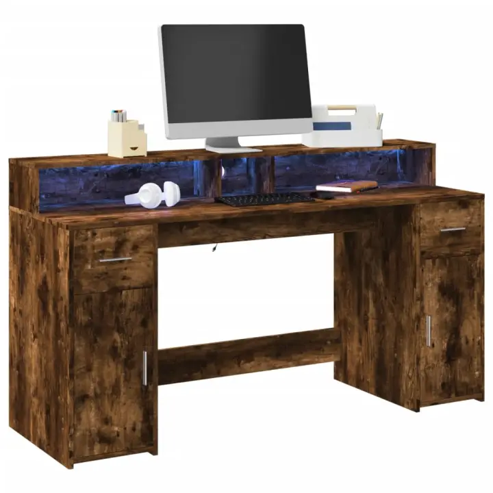 vidaXL Escritorio con LED madera ingeniería 160x55x91 cm en color Roble ahumado/Roble Sonoma/Blanco y más | estructura resistente ideal para salón dormitorio o estudio - 1