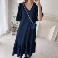 Vestido Maxi Casual ZANZEA Para Mujer De Tela Denim Azul Con Manga Puff Y Cuello V-Neck Estilo Retro Manga Corta Cierre Único Longitud Media-Calf - details 2