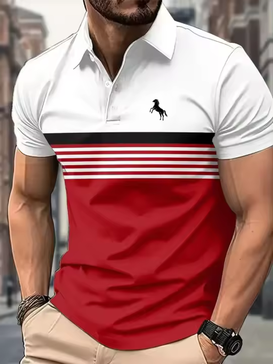 Camisa Polo Casual Para Hombre Con Estampado 3D De Caballo Y Diseño De Bloque De Colores Para Golf Estilo Deportivo Cuello Alto Manga Corta Para Verano - 1