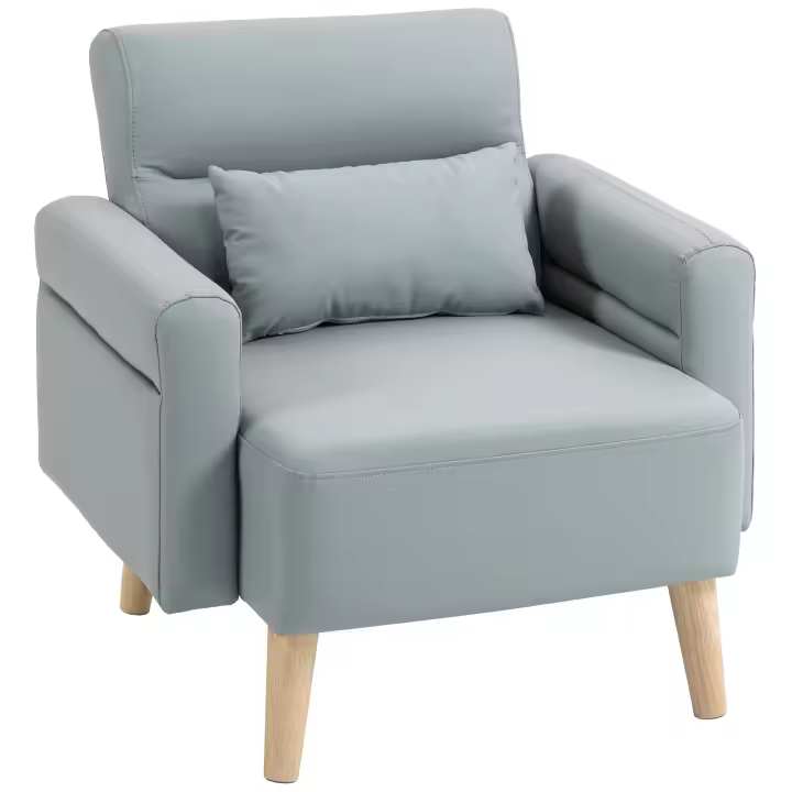 HOMCOM Sillón Moderno Butaca de Salón Tapizado en Cuero Sintético con Reposabrazos Acolchado Grueso Respaldo con Costuras y Patas de Madera para Dormitorio Gris - 1
