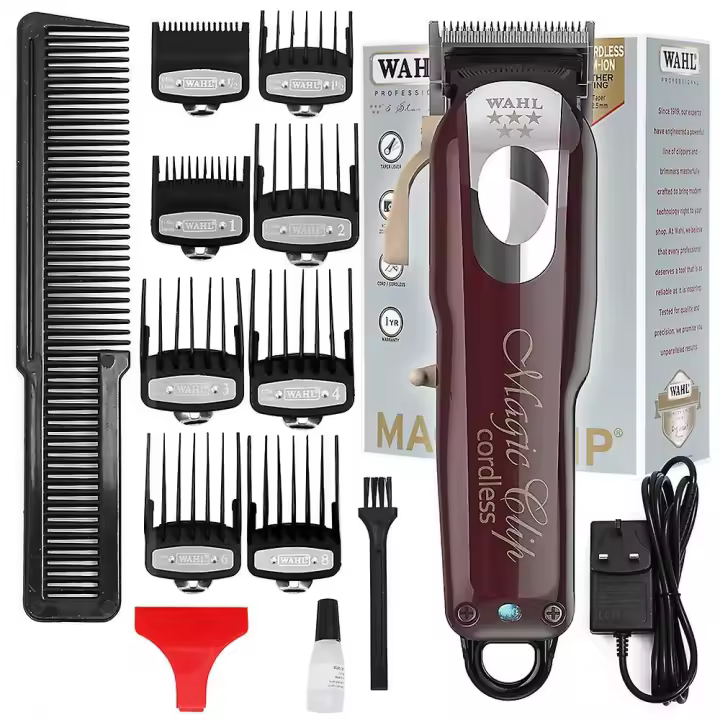 5 Estrellas inalámbrico clip Mágico profesional cortadoras de pelo trimmers pro ligero peluquería kit Salón peluqueros suministros conjunto kit Vino Rojo - 1