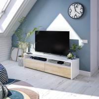 Meimon Mueble TV KIOTO (130x40x36 cm) con 2 puertas y 2 huecos, fabricado en melamina E1 (18/15 mm) con cantos PVC, trasera MDF con salida de cables, patas ABS, bisagras metálicas, soporta hasta 45 kg, acabado Roble Canadian y Blanco Ark - details 1