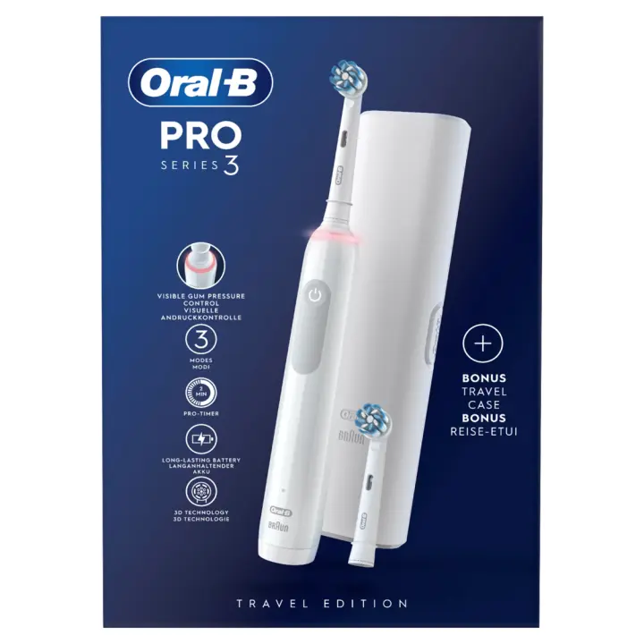 Oral-B Pro Series 3 Cepillo de Dientes Eléctrico con Mango Recargable y 2 Cabezales, Diseñado por Braun, Regalo Original, Color Negro y Blanco. - 1