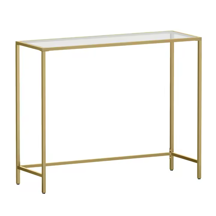 VASAGLE Mesa de Consola, Mesa de Entrada, Extremo del Sofá, Tablero de Vidrio Templado, Marco de Metal, Patas Ajustables, para Salón, Entrada, Pasillo, Dorado Pálido y Transparente/Negro Tinta y Transparente - 1