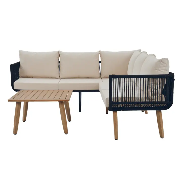 Conjunto de muebles de Jardín, Sofá + Mesa de Centro, Tubos M.S. Zincados, Olefina, Tablas de Madera, Artesanía with Cuerdas, Para El Jardín, Beige + Negro - 1