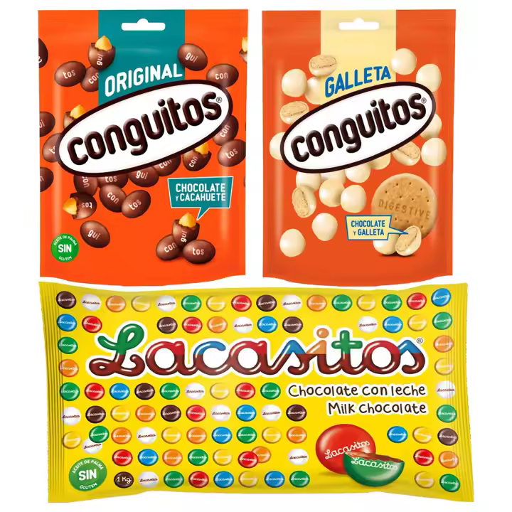 Pack Conguitos negros doypack 220g, galleta blanco doyp 120g,Lacasitos bolsa 1kg - 1