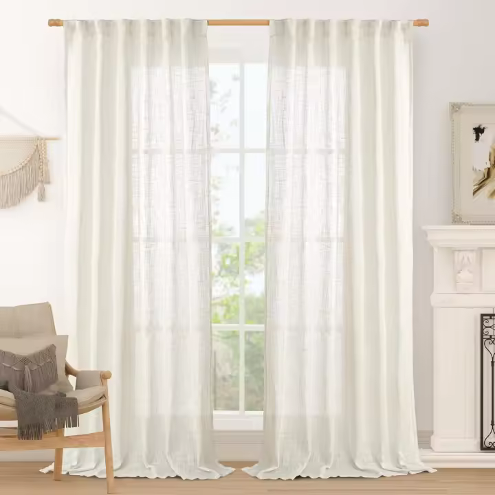 Semi Sheer Linen Curtains 45 Inches Long 2 Panels, Light Filtering Panels Back Tab and Rod Pocket Neutral Drapes for Kitchen/Window/Bedroom, 52 x 45 Inch - 1
