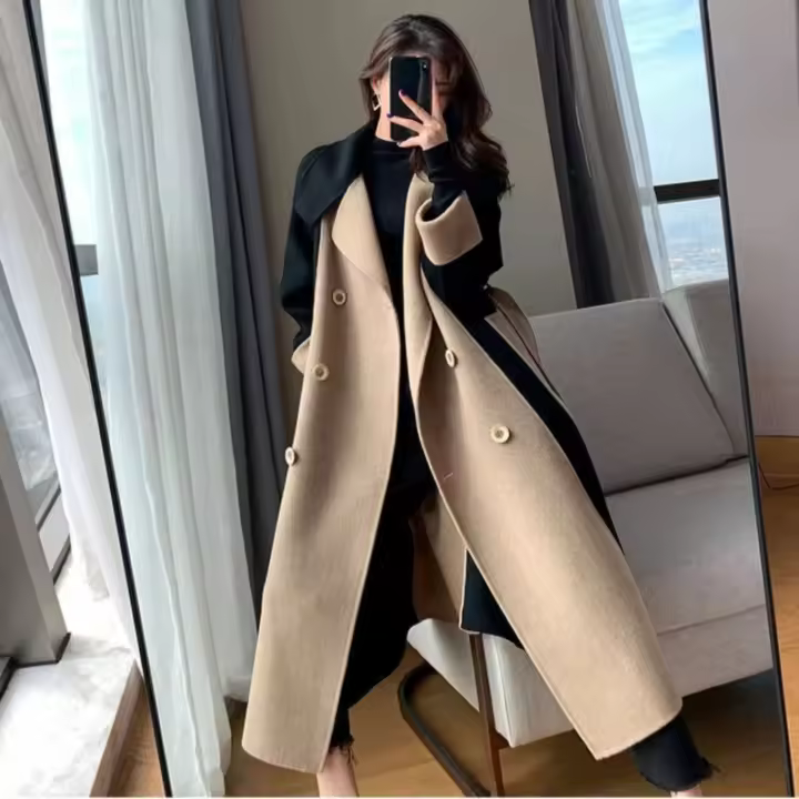 Abrigo Elegante De Punto Y Poliéster Para Mujer Estilo Largo Y Patchwork Cinturado Slim Abrigo De Otoño E Invierno De Alta Calle - 1