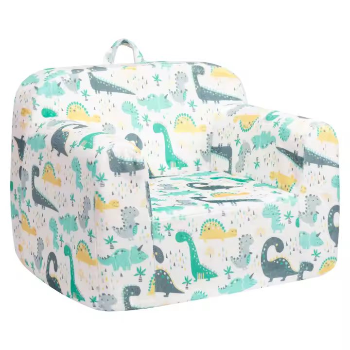 Sofá infantil con relleno de espuma ultra suave, sofá de lectura de franela para niñas y niños, color blanco con dinosaurios - 1