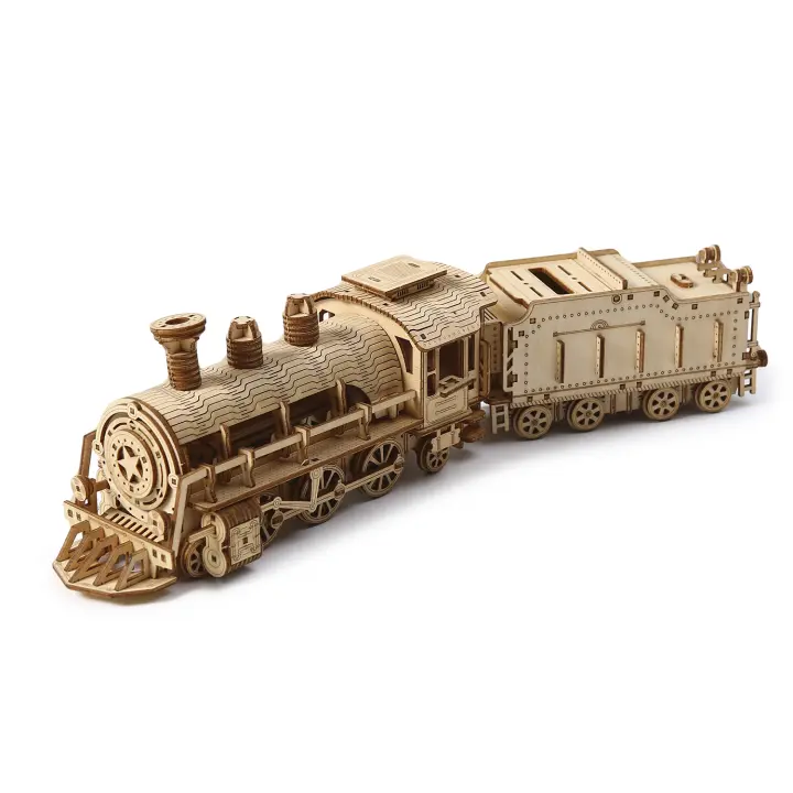 DAM. Maqueta de Madera 3D, diseño de Tren de vapor con movimiento mecánico. 282 piezas. 31x7x8cm. - 1