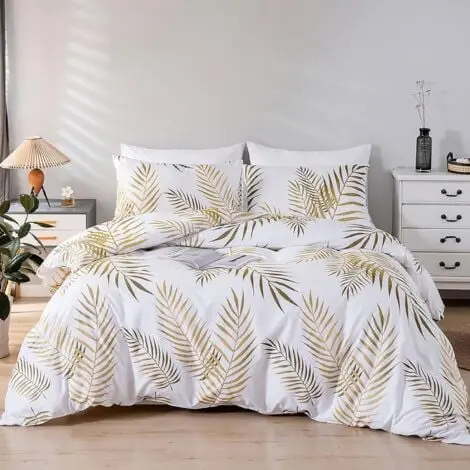 Juego de funda nórdica 220x240 cm 2 personas y 2 fundas de almohada 50x75 cm 100% microfibra Juego de cama con estampado botánico de hojas tropicales doradas con cremallera, oro blanco - 1