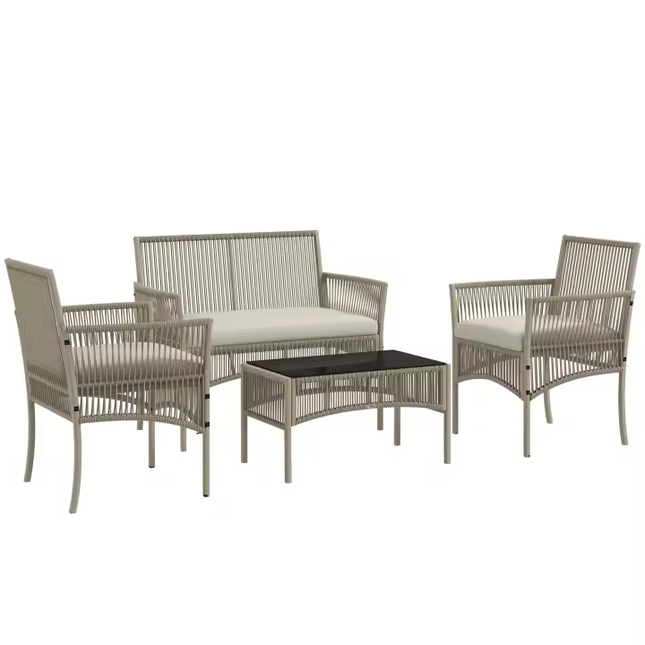 Outsunny Conjunto de Muebles de Jardín de Ratán Juego de 4 Piezas Muebles de Terraza con 1 Sofá de 2 Plaza 2 Sillones Cojines y 1 Mesa de Centro de Tablero de Vidrio para Patio - 1