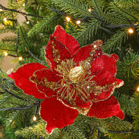 Decoración De Navidad Flor De Champán Con Lentejuelas Plateadas Poinsettia Artificial Para Árbol De Navidad Color Oro - details 9
