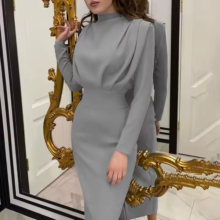 Vestido Largo De Color Sólido Para Mujer Con Cintura Ajustada Manga Larga Y Cuello Redondo Estilo Europeo Y Americano Para Primavera - 1