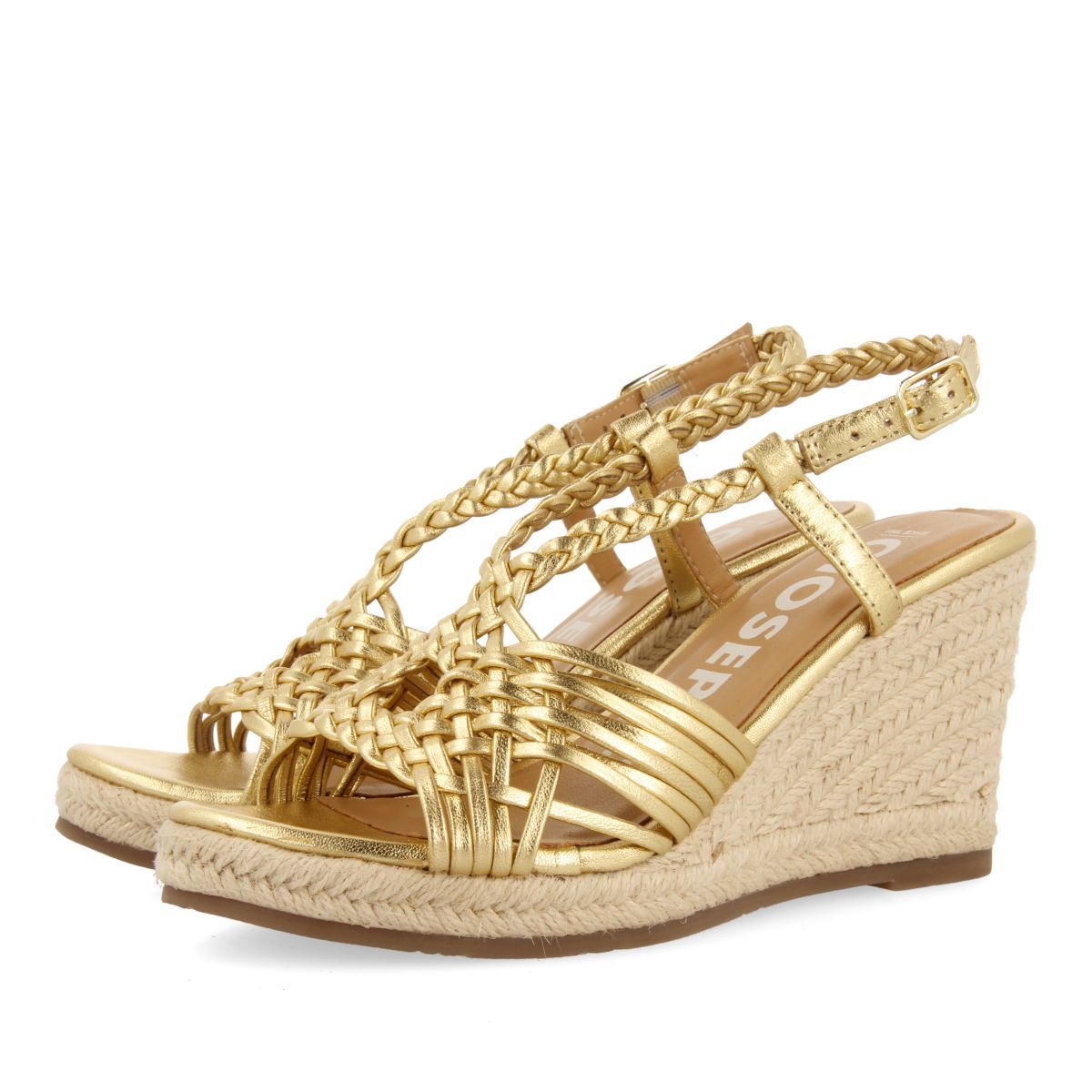 Gioseppo - Sandalias Doradas de Piel con Tiras y Cuña Alta de Yute - Mujer