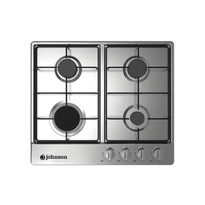 Meimon Encimera de gas Johnson en acero inox con 4 zonas de cocción, autoencendido, válvula de seguridad, mandos mecánicos en color plata, preparada para gas butano con kit de conversión a gas natural incluido, 59x51 cm - 1