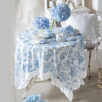 Mantel De Porcelana Azul Y Blanco Con Bordado En Algodón 100% Resistente Al Agua Y Aceite Con Borde De Hoja De Loto - details 4