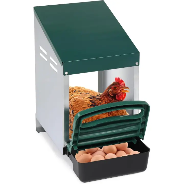 Caja nido para gallinas con 3 compartimentos y cesta de plástico, caja nido para huevos, caja para gallinas ponedoras, caja para gallinas con percha oscilante y caja extraíble para recolección de huevos para gallinero, color verde - 1