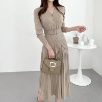 Vestido De Suéter Tejido Para Mujer Estilo Vintage A-Line Cuello V Manga Regular Botones Mid-Calf Talla Suave Otoño Invierno - details 2