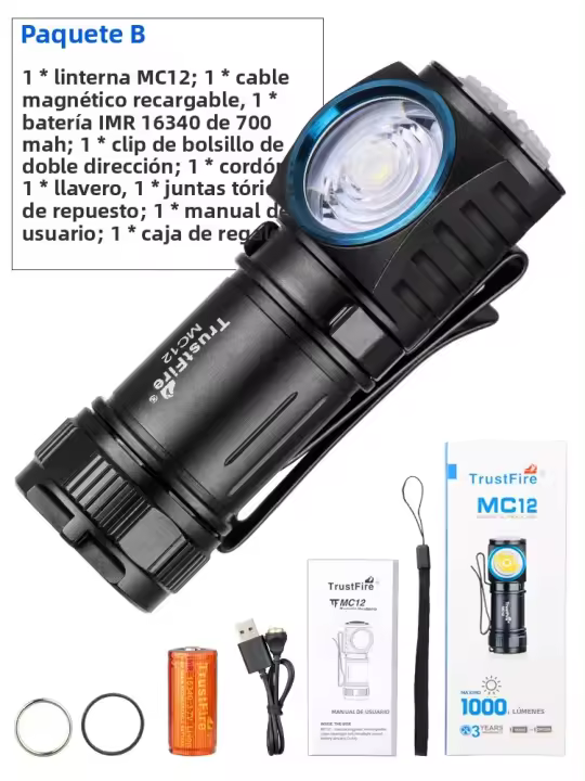 Linterna LED TrustFire MC12 EDC Potente 1000 Luminosidades Recargable Magnética Lámpara De Cabecera XP-L HI Para Camping Y Pesca - 1