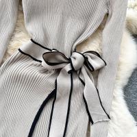 Vestido Bodycon Largo Elegante Con Ribbed Contrastado Tejido Muy Estirable Para Mujer Otoño Invierno Con Cinturón Y Bandage Streetwear Vestido De Mujer - details 10