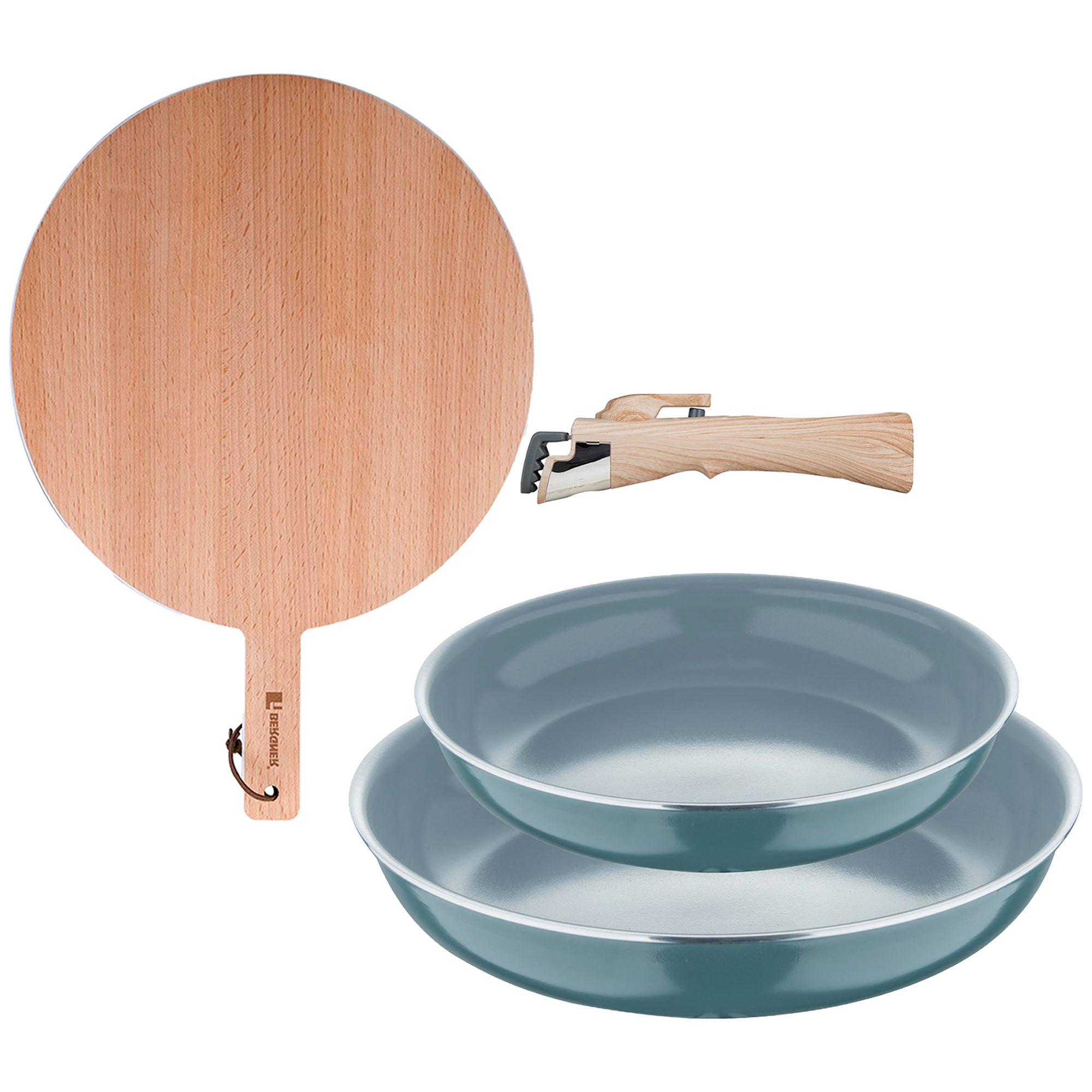 Bergner Click&Cook Juego de 2 Sartenes Ø24Ø28cm Aluminio prensado reciclado Verde con Mango extraíble+Delantal de Cocina Gris oscuro 100% Algodón