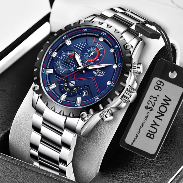 Reloj De Hombre LIGE Con Dial Azul Y Correa De Acero Inoxidable Resistente Al Agua Y Al Choque Con Fecha Y Luz Nocturna Reloj De Moda Y Casual Para Negocios - 1