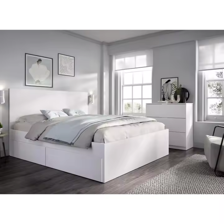 DEKIT GRUPO RIMOBEL LAGO PACK - CAMA PARA DORMITORIO 135/140X190 CON 4 CAJONES Y XIFONIER DE 5 CAJONES - BLANCO - 1