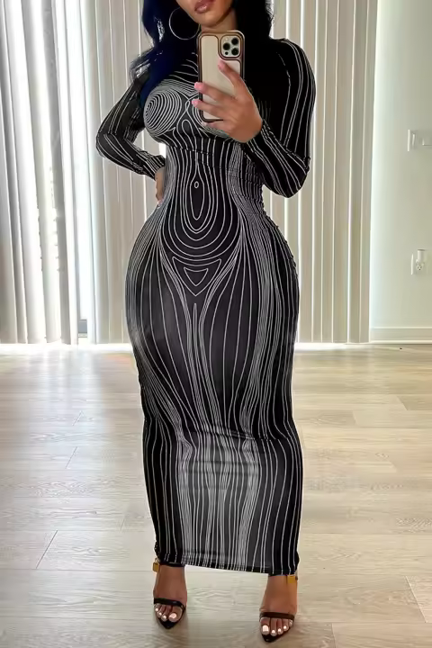 Vestido De Mujer Estilo Europeo Y Americano Largo Manga Larga Cuello Redondo Moda Estampada Ajustado Cintura Natural Primavera 2024 - 1