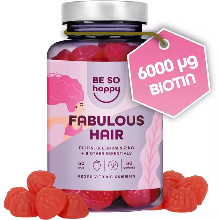 Gominolas para el pelo Biotina 6000 mcg, Vitaminas para el Cabello, 60 dias, Complejo con +10 componentes: Ac Folico + Vitamina A, B6, B12, C, D, E, Zinco y Selenio, Sabor a Fresa, Veganas, BeSoHappy® - 1