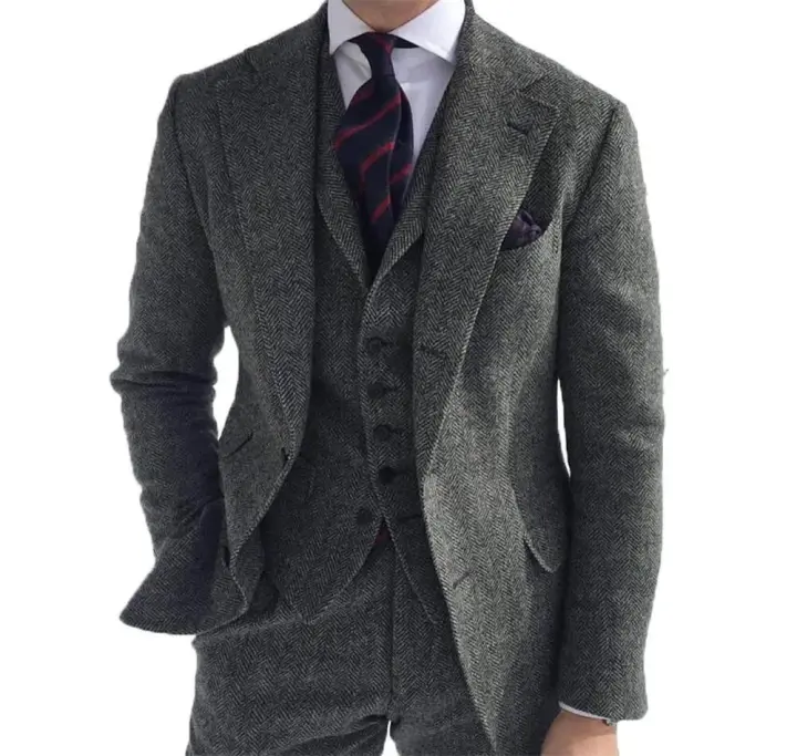 Traje De Invierno Para Hombre Gris Oscuro Tweed Ajustado Herringbone Traje De Noche Formal 3 Piezas Boda (Chaleco + Chaqueta + Pantalones) - 1